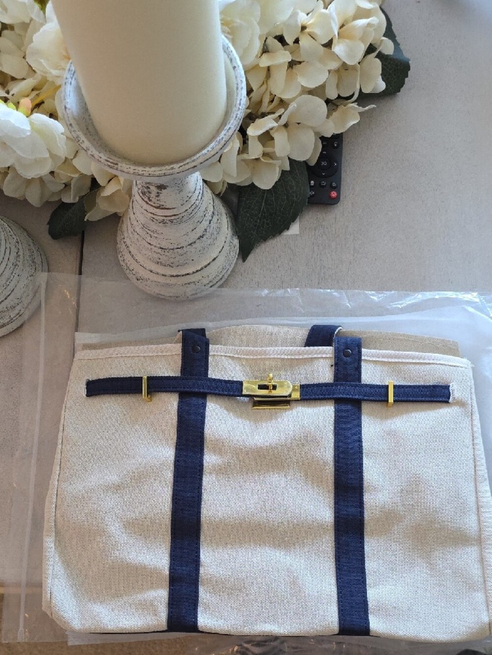 Canvas Tote Bag with Navy Trim and Gold Hardware - Bags - Picture 2 of 3